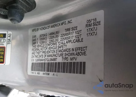 2016 Honda Cr-V Ex z USA, uszkodzony, nr VIN 5J6RM4H57GL084887